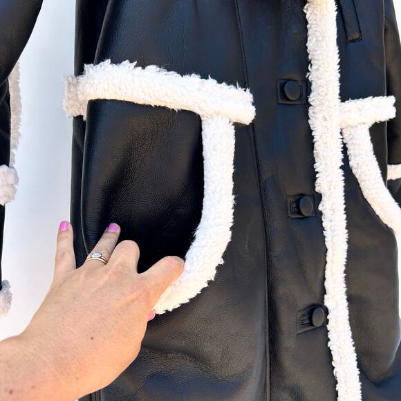 New Nasty Gal Longline Faux Leather Aviator Coat Jacket Black 4 Shearling - Picture 8 of 13